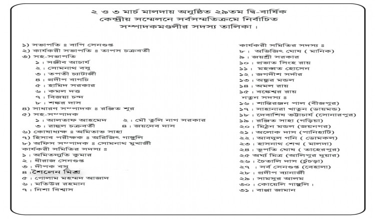 ২-৩ মার্চ ২০২৪ মালদা শহরে অনুষ্ঠিত ২৯ তম কেন্দ্রীয় সম্মেলনে গঠিত সম্পাদকমণ্ডলী